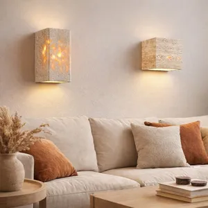 Rectangle & Cube Handcrafted Yellow Travertine Stone Wall Sconce Light thumbnail-1