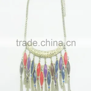 FASHION MULTI COLOR BEADED CHAIN TASSEL STATEMENT NECKLACE thumbnail-1