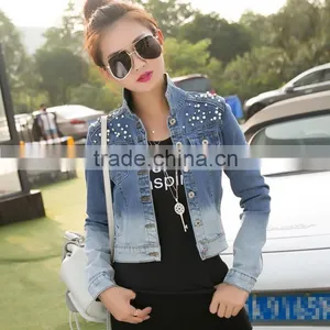 2016 Fashion Plastic-based Imitation Pearl Beads and Washing Long Sleeves Short Denim Jacket For Women LD-053 thumbnail-1