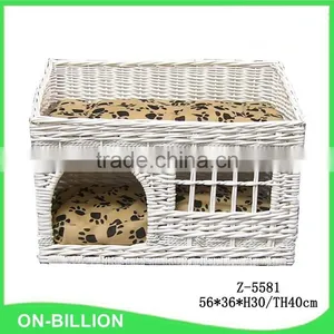 White Wicker Woven Willow Pet House With Comfortable Cushion thumbnail-1