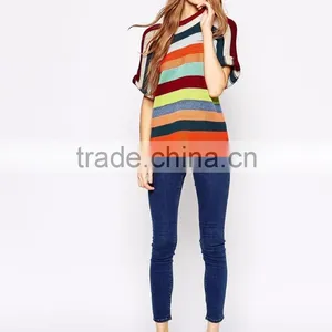 Cheap Price Rainbow Multi-color Colorful Sweater Slim Fit Casual Crew Neck Knit Top In Stripe Half Sleeves For Ladies thumbnail-5