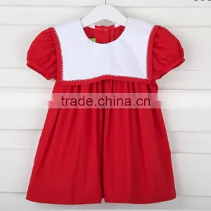 New Style Smocked O Neck Dress 2017 Hot Sale Casual Short Sleeve Button Back Baby Dress for Boutique Kids Clothing thumbnail-3