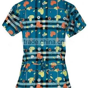 New Design Printed Mock Wrap Scrubs Wholesale of Y-Neck With Two Lower Pockets thumbnail-3