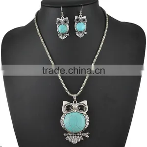 Antique Owl Pendant Silver Plated Turquoise Dangle Earrings Chain Necklace Set thumbnail-1