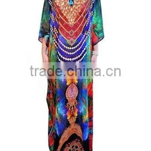 Latest New Digital Print Long Kaftans Colourful Long Digitally Printed Evening Beach Kaftan for Woman Visocse Chiffon Long Dress thumbnail-4