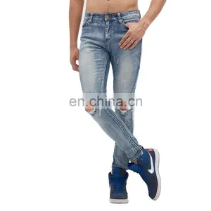DiZNEW Medium Blue Wash Destroyed Denim Jeans Online Wholesale High Quality Mens Cut Jeans thumbnail-6