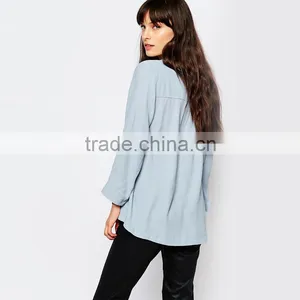 Blue Colour Lady Chiffon Blouse Sexy v Neck Tops for Women 2016 Wholeale thumbnail-2