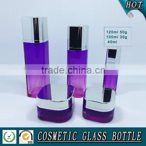 Purple Colored Square Glass Cosmetics Pump Bottle and Cosmetic Jar thumbnail-1