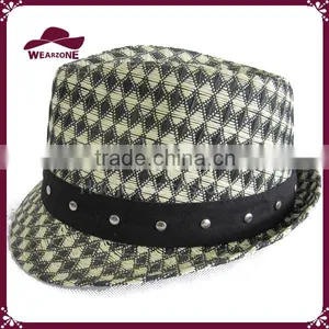 PU Band & Rivets Men's Small Check Pattern Fedora thumbnail-2