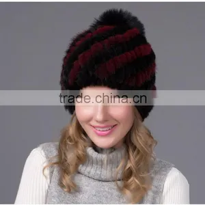 Winter Rabbit Fur Pompom Hat Brown Women Mink Fur Hat Knitted Mink Hat thumbnail-1