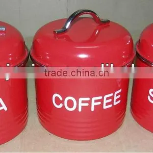 3PC RED CANISTER STORAGE SET JAR TEA COFFEE SUGAR RETRO TIN ENAMEL METAL NEW thumbnail-1