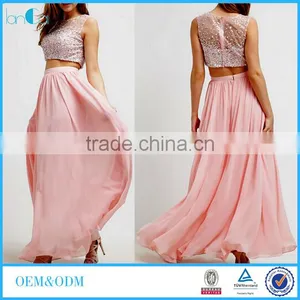 2017 Fashion Long Maxi Dresses Sleeveless Two Piece Set Long Skirts and Beaded Tops for Girls Party Wear Dress thumbnail-1