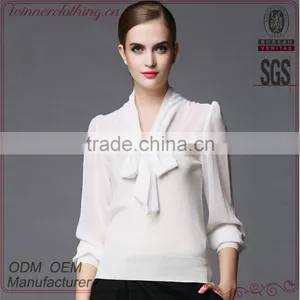 White Colour High Quality Long Sleeve Latest Fashion Blouse Design for Lady thumbnail-1
