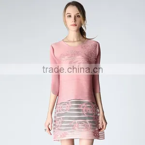 Woman Pleat Round Neck Flower Splicing Loose Dresses Wholesale thumbnail-1