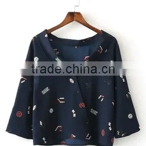 Runwaylover EY2339B Europe Style 2017 Ladies Fashion Label Printed Blouse thumbnail-5