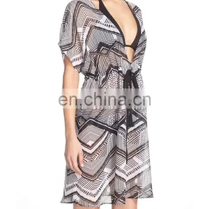 C84 Loose Fit Flutter Sleeves Cover-Up Tunic Printed Chiffon Beach Kaftan thumbnail-1