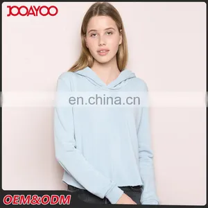 Soft Fleece-lined Pastel Blue Cropped Raw Cut Hems Blank Pullover Hoodie thumbnail-1