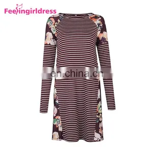 Autumn Red Latest Designs Fashion Print Loose T-Shirt Long Sleeve Casual Dress thumbnail-3