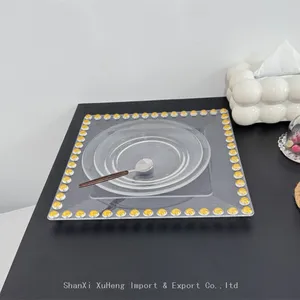 Clear Plastic Square Charger Plates With Gold Beaded Rims Wedding Decoration Dishes thumbnail-3
