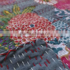Tropical Kantha Handmade Quilt, Queen Size Reversible Kantha Bedding, Handstiched By Artisians of India, Hand Art Kantha Work thumbnail-1