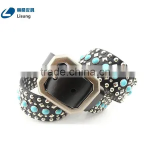 Lady Genuine Leather Turquoise Rhinestone Dress Strap Belt thumbnail-5
