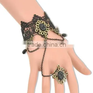 Fashion Gothic Black Cameo Lace Flower Chain Ring Set Vintage Jewelry Bracelet thumbnail-1