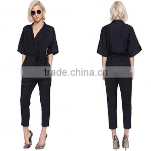 Women V Neck Belted Short Sleeve Stripe Regular Fit Jumpsuit thumbnail-5