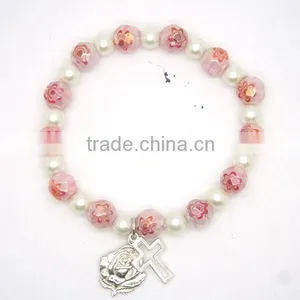 Handmade Bracelet Chain With 8 mm Faceted Round Beads and Hollow-out Cross thumbnail-2