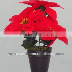 RED ARTIFICIAL VELVET POINSETTIA FLOWER BUSH X 3 W/3 PCS POINSETTIA FLOWER HEAD ON PLASTIC PLANTER thumbnail-1