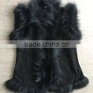 YR098 Genuine Suede Leather With Raccoon Fur Trimming Vest thumbnail-1