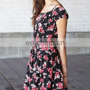 CHEFON Short Sleeve off Shoulder Allover Rose Print Tiered Women Smock Dress thumbnail-2