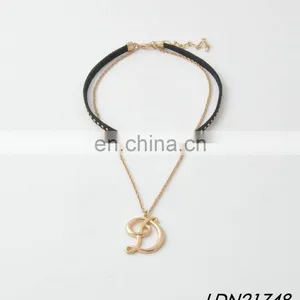 Layered Brown Handknitted Leather Necklace Jewelry Initial Pendant Gold Necklace Sets thumbnail-4