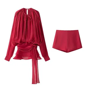Chic Lantern-sheer Fabric Dress for Women, New Spring Style, Short Skirt, Cinched Waist, Irregular Lotus Leaf Hem, With Tie. thumbnail-3