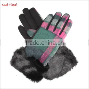 Warm Plaid Woolen Gloves With Fur Cuff for Women thumbnail-1