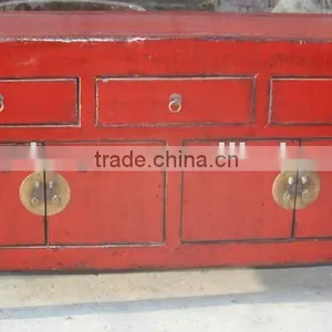Red Three Drawer Four Door Cabinet thumbnail-1