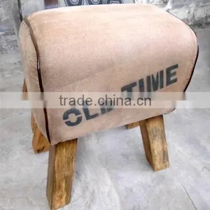 Canvas Leather Industrial Stool With Mango Wood thumbnail-2