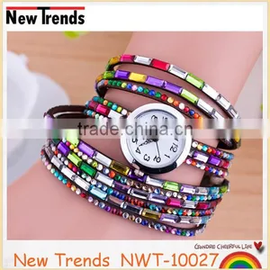 Fashion Lady Watch Korea Colorful Rhinestone Leather Wrist Watch thumbnail-3
