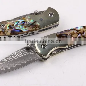 OEM Damascus Small Abalone Pure Copper Folding Knife thumbnail-1