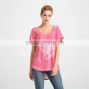 Women Burnout V Neck T-shirt With Crystals thumbnail-1