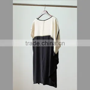 100% Silk Contrast Color Dress With Beaded Round Collar thumbnail-2