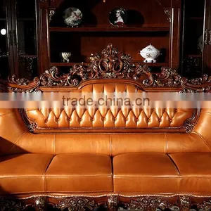 American Style Palace Leather Sofa With Carved Wooden Frame, Villa Sofa Set(MOQ=1 SET) thumbnail-2