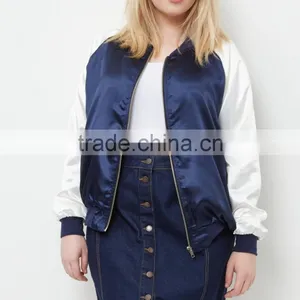 Plus Size Jackets 100% Polyester Blue Colour Block Zipper Bomber Jacket Women Plus Size Winter Coats With Raglan Sleeves thumbnail-2
