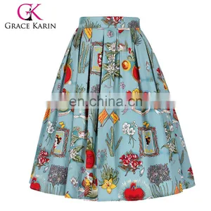 Grace Karin Women's Vintage Retro A-Line Pleated Cotton Print Skirt 5 Patterns CL010401-2 thumbnail-1