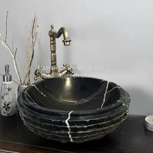 China Black Marble Sinks,Black Marqunia Marble Round Sinks, Marble Basins thumbnail-1