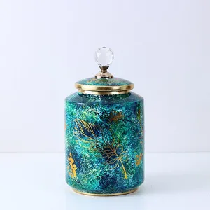 European Classic Style Green Leaf Painting Ceramic Flower Vase With Crystal Lid For Hallway Decoration thumbnail-2