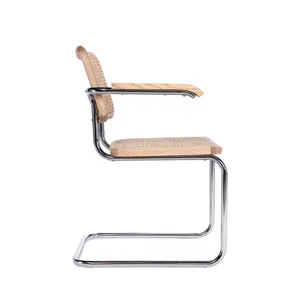 Mid-Century Modern Cesca Armchair, Marcel Breuer Replica Rattan Dining Chair With Polished Chrome Steel Frame for Commercial & Home Use thumbnail-2