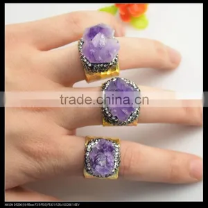 LFD-0016R ~Fashion Jewelry Gold Plated Nature Amethyst Quartz Rings, Crystal Rhinestone Paved Gems Druzy Ring Adjustable Size thumbnail-1