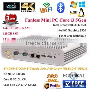 Fanless Mini PC System 2 Gigabit Lan/HDMI/COM Core i3 5010U 16GB RAM 128GB SSD 1TB HDD 12V/6A Car PC Intel HD5500 Industrial PC thumbnail-1
