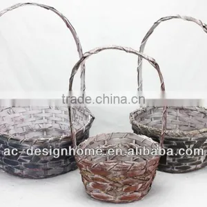S/3 GREEN/BROWN WASH ROUND BAMBOO CHIP/SEAGRASS BASKET W/HANDLE thumbnail-1