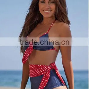 Red White Blue Polka Dot Denim Side Tie Bow Top High Waisted Bikini thumbnail-1